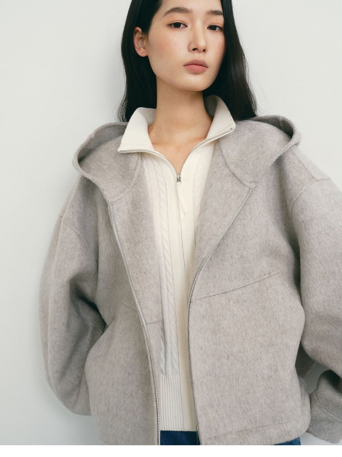TEASEL Hooded Camel Wool Blend Jacket in Beige - On Female Model