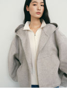 TEASEL Hooded Camel Wool Blend Jacket in Beige - On Female Model