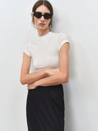 MSBEAST Acetate Modal Cap Sleeve Cropped T Shirt in White - On Female Model