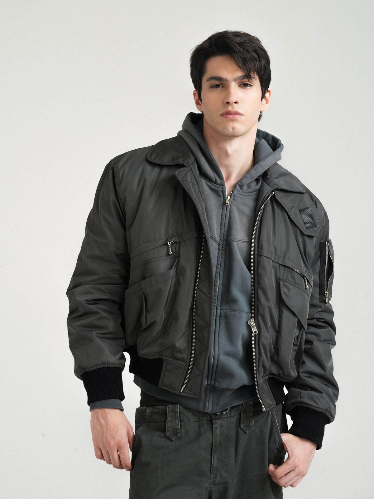 Retro 21 Multi Pocket Thinsulate Bomber in Green - On Male Model