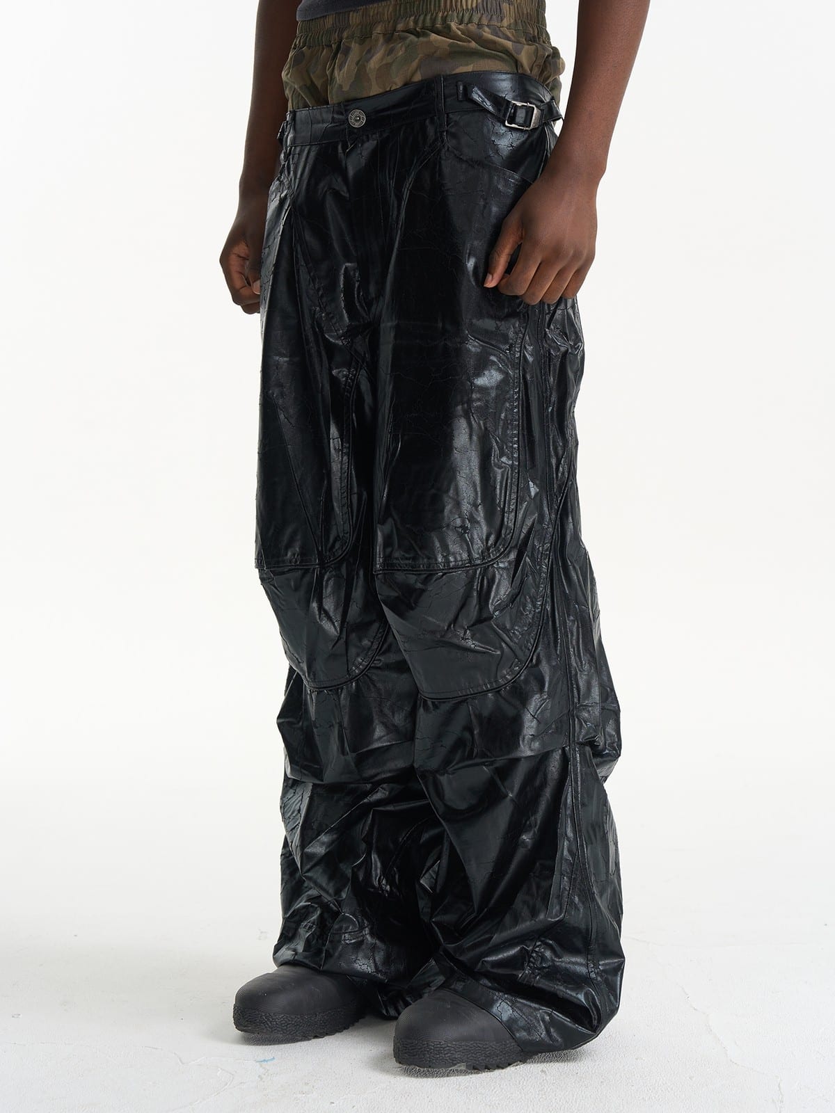BLINDNOPLAN Faux Leather Layered Cargo Pants in Black - On Male Model