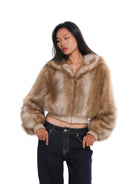 SweetChilling Faux Fur Hooded Cropped Jacket in Brown