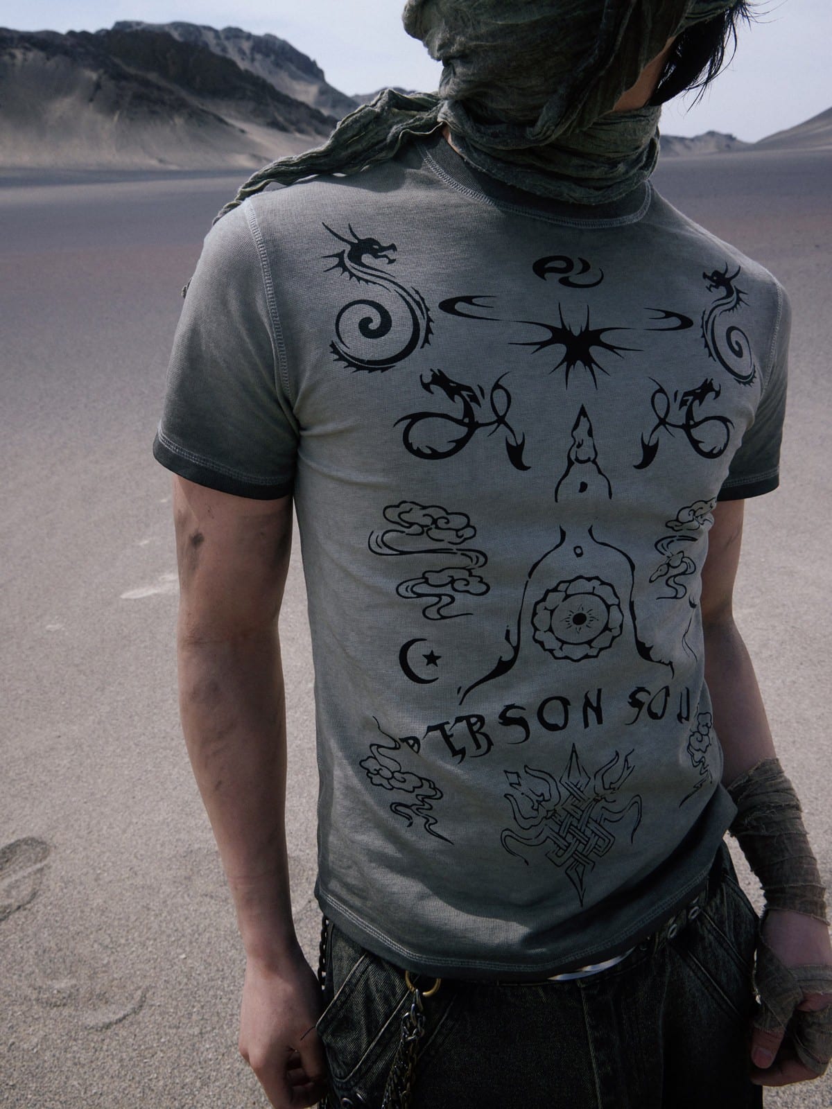 PERSONSOUL Distressed Totem Print T Shirt in Mint - On Male Model