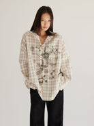 THELIGHT OFFICIAL Oversized Plaid Graphic Shirt in Off-White - On Female Model
