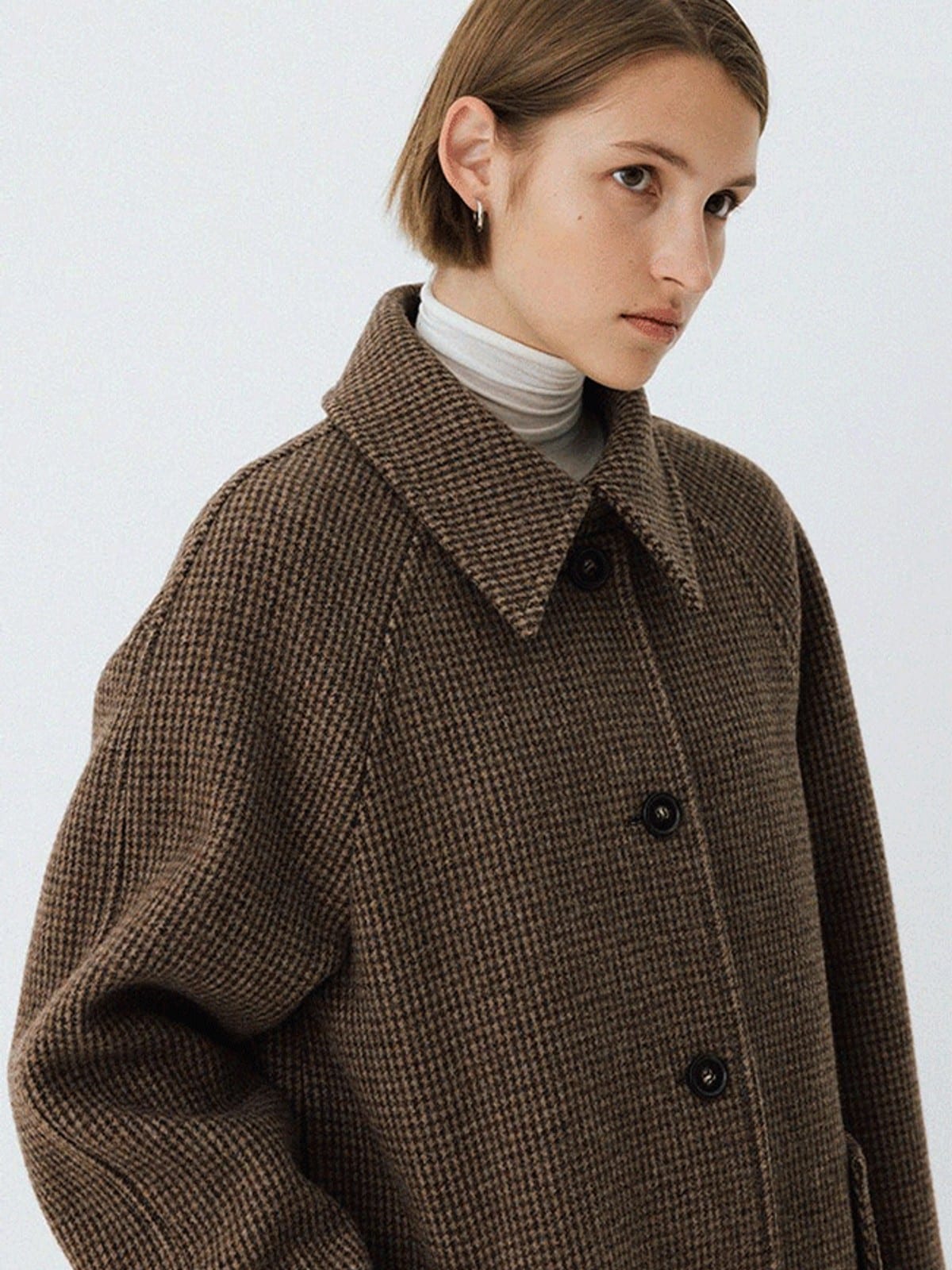 TEASEL Wool Plaid Barn Jacket with Fur Collar in Brown - On Female Model