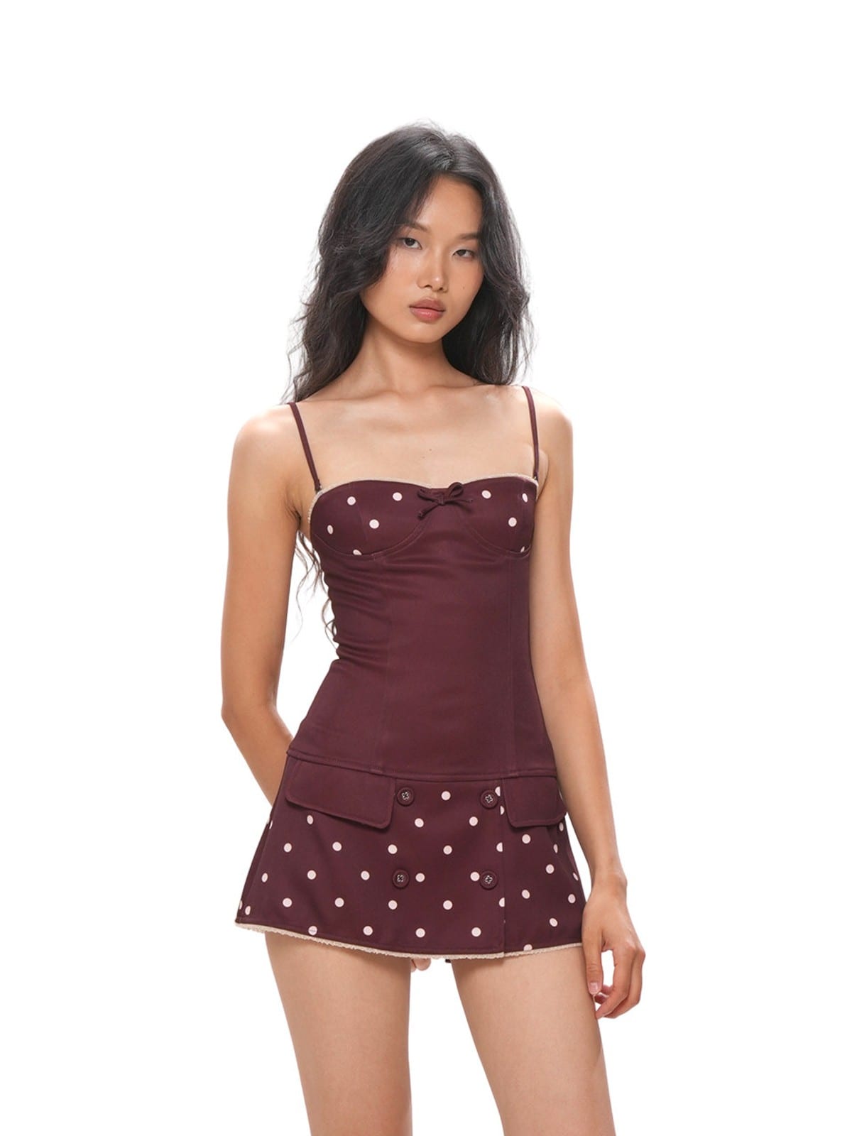 SweetChilling Polka Dot Bustier Mini Dress in Brown - On Female Model
