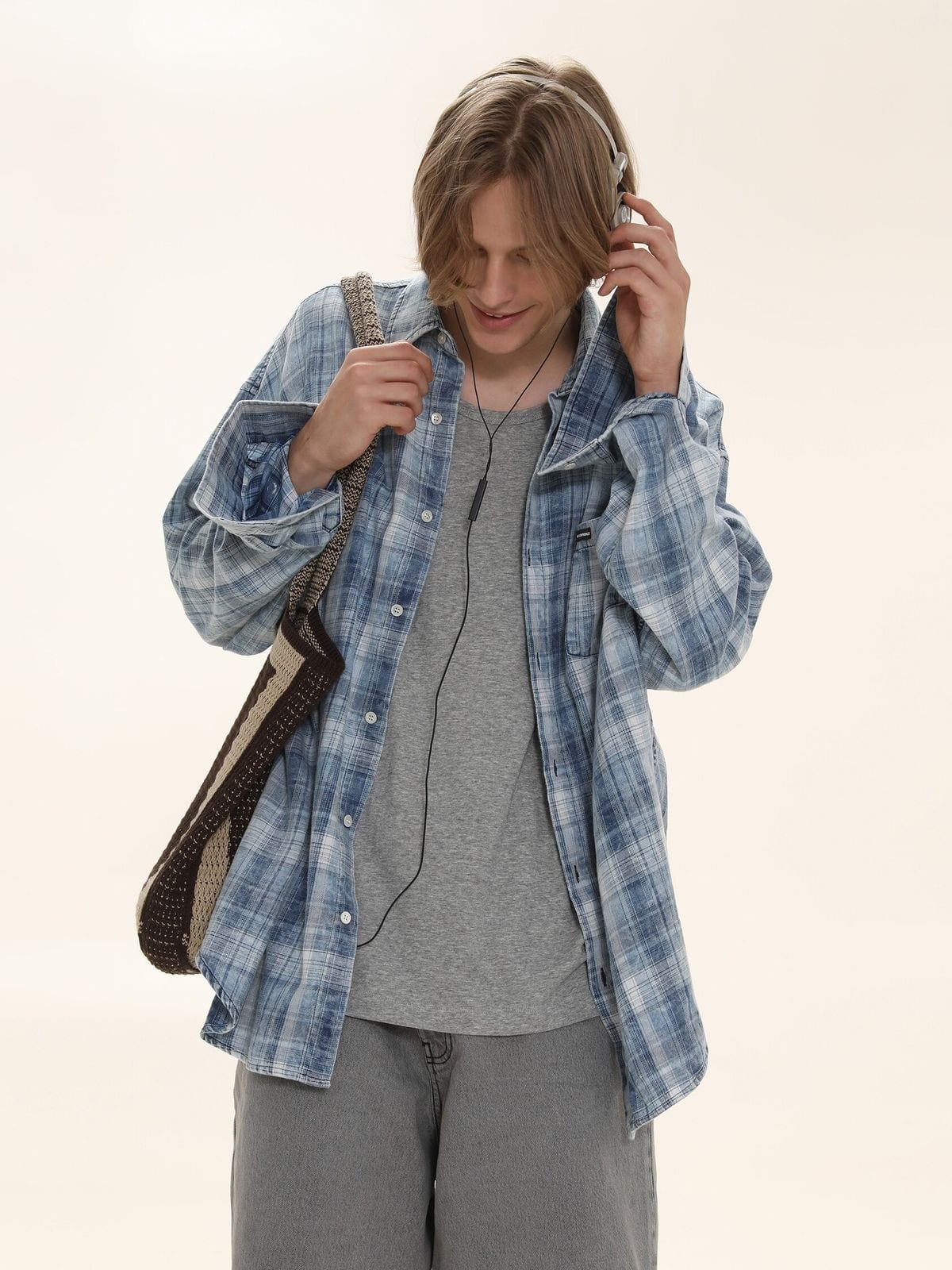 MASONPRINCE Long Sleeve Plaid Cotton Shirt in Light Blue - On Male Model