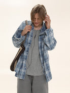 MASONPRINCE Long Sleeve Plaid Cotton Shirt in Light Blue - On Male Model