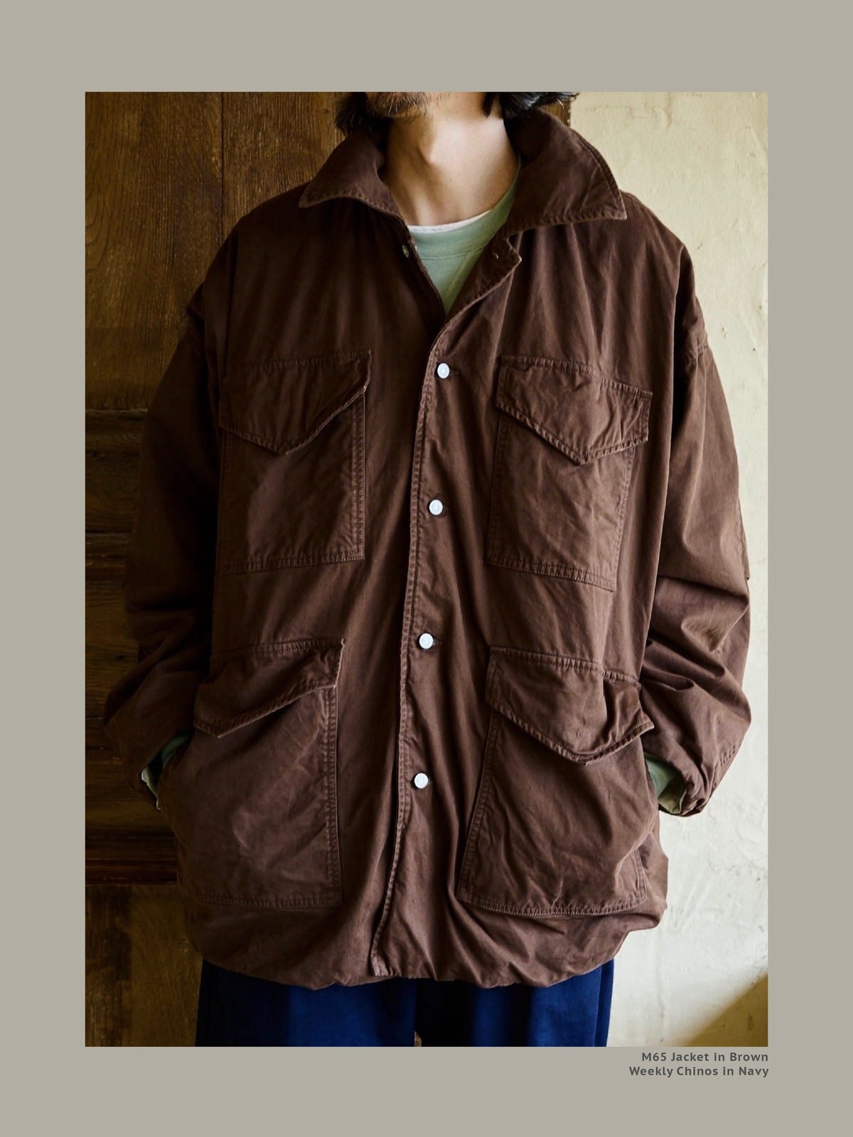 USAGE Washed Cotton Twill M65 Jacket in Brown - On Male Model