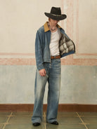 Retro 21 Corduroy Collar Zip Denim Jacket in Blue - On Male Model
