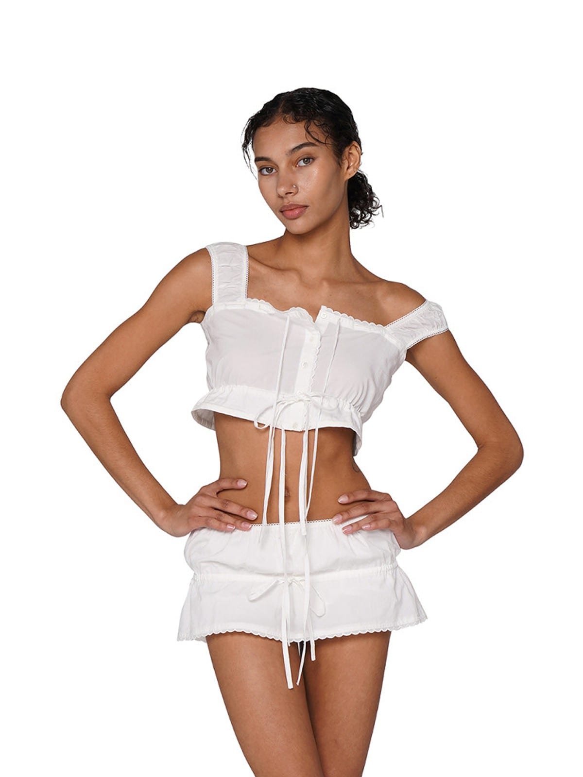 SweetChilling Scalloped Tie Front Cotton Blend Crop Top in White - On Female Model