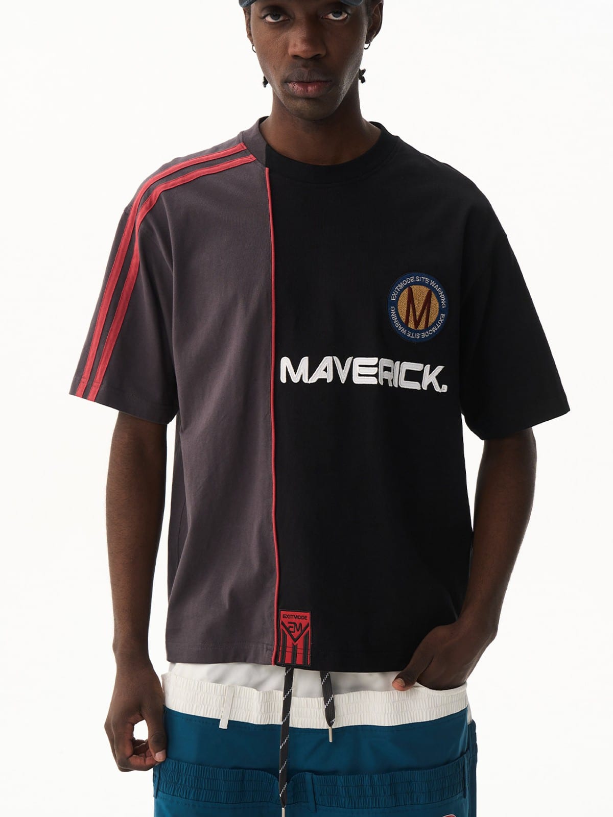 BLINDNOPLAN Panelled Embroidered Colorblock T Shirt in Black - On Male Model