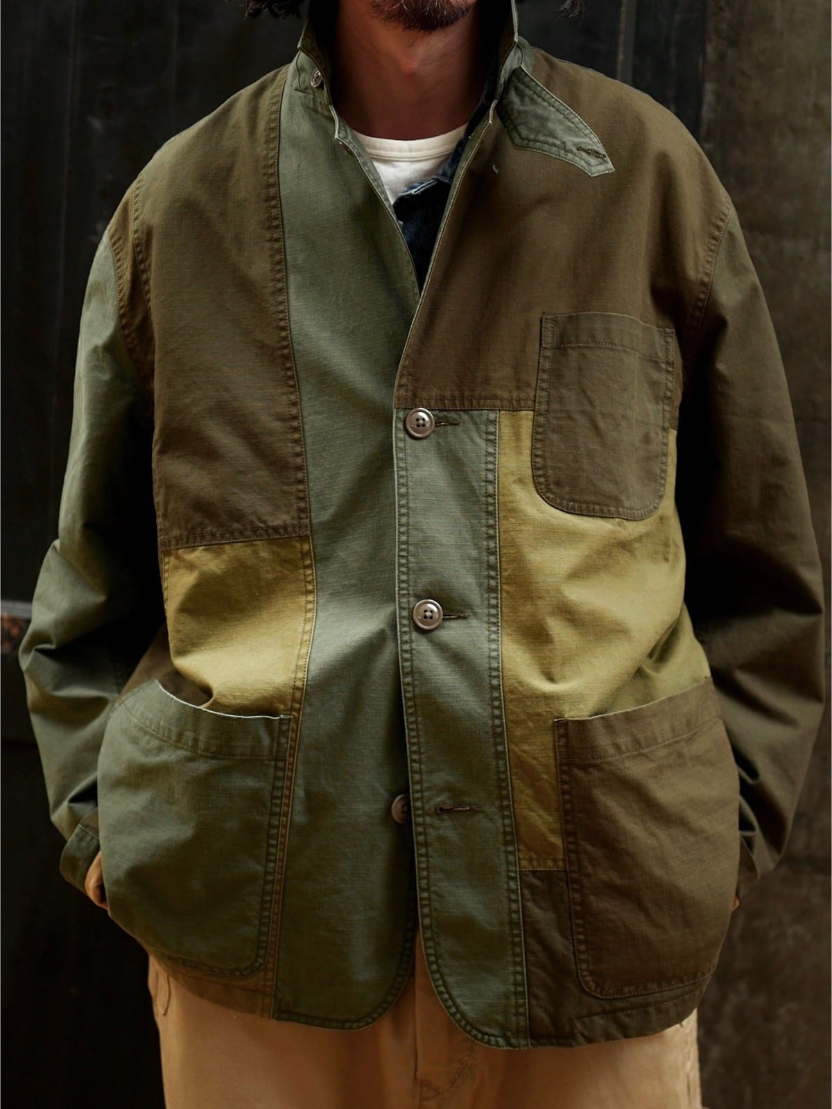USAGE Cotton Ripstop Patchwork Blazer in Green - On Male Model