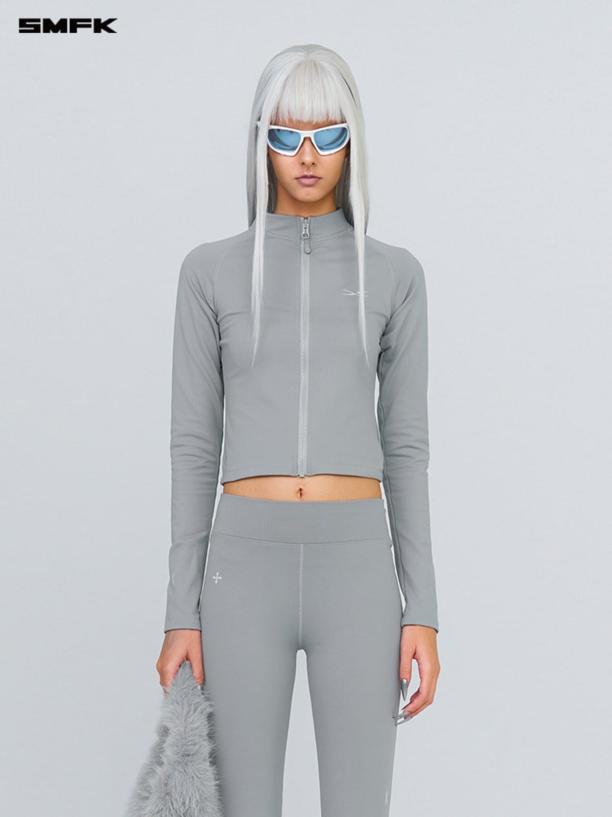 SMFK Brushed Fleece Zip Up Cropped Jacket in Gray - On Female Model