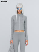 SMFK Brushed Fleece Zip Up Cropped Jacket in Gray - On Female Model