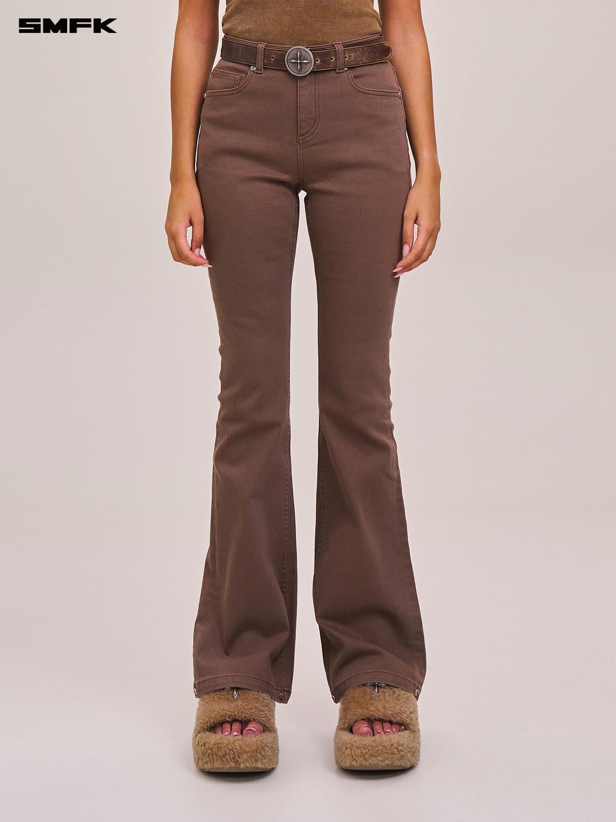 SMFK Stretch Cotton Flared Jeans in Brown - On Female Model