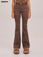 SMFK Stretch Cotton Flared Jeans in Brown - On Female Model