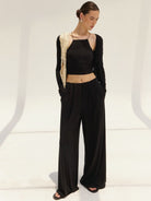 MADEINAM Cardigan Camisole Wide Leg Pants Set in Black - On Female Model