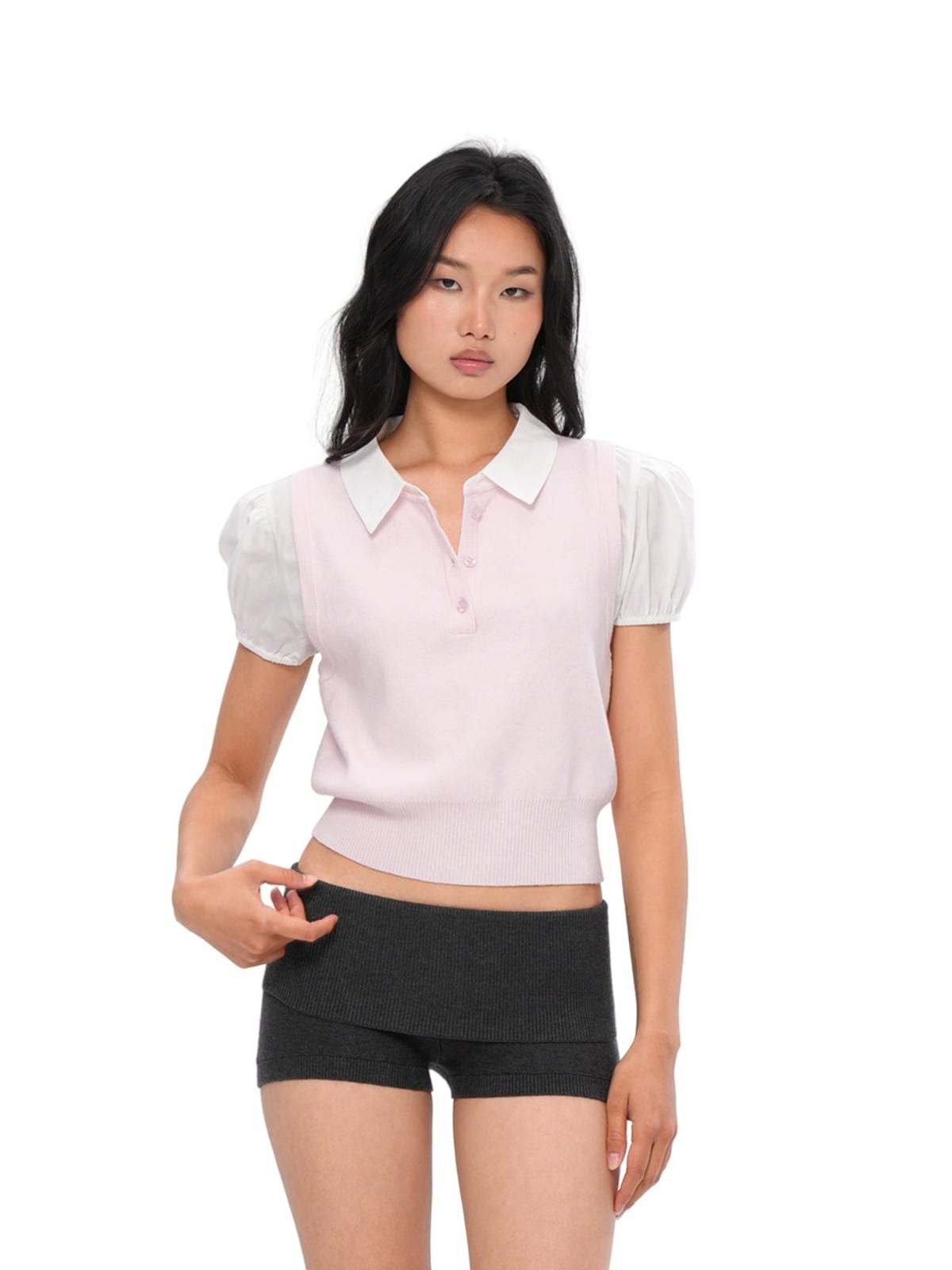 SweetChilling Fold Over Waist Knit Shorts in Gray - On Female Model