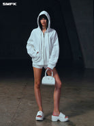 SMFK Oversized Zip Up Cotton Hoodie in Gray - On Female Model