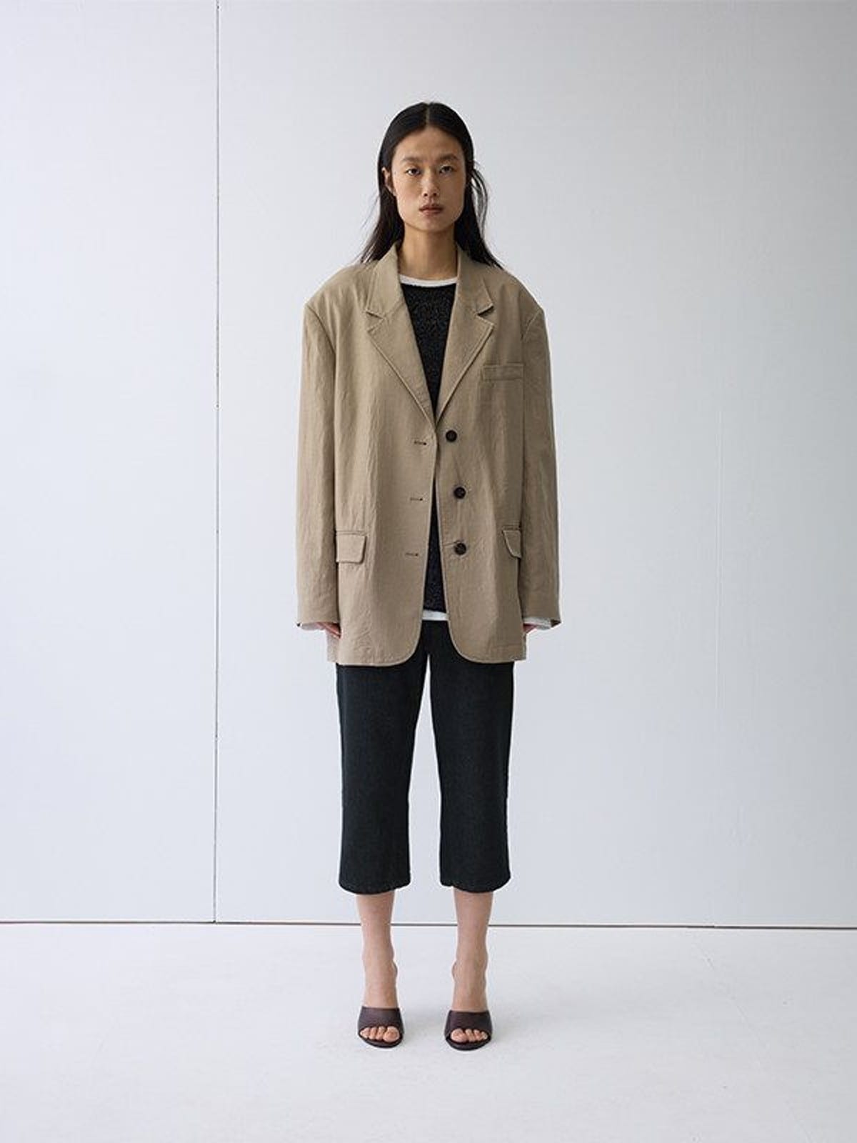Random Piece Drop Shoulder Cotton Linen Blazer in Beige - On Female Model