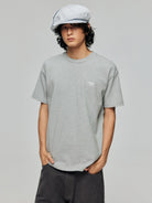 SIMPLE PROJECT Inverted Silver Logo Crewneck T Shirt in Gray - On Male Model