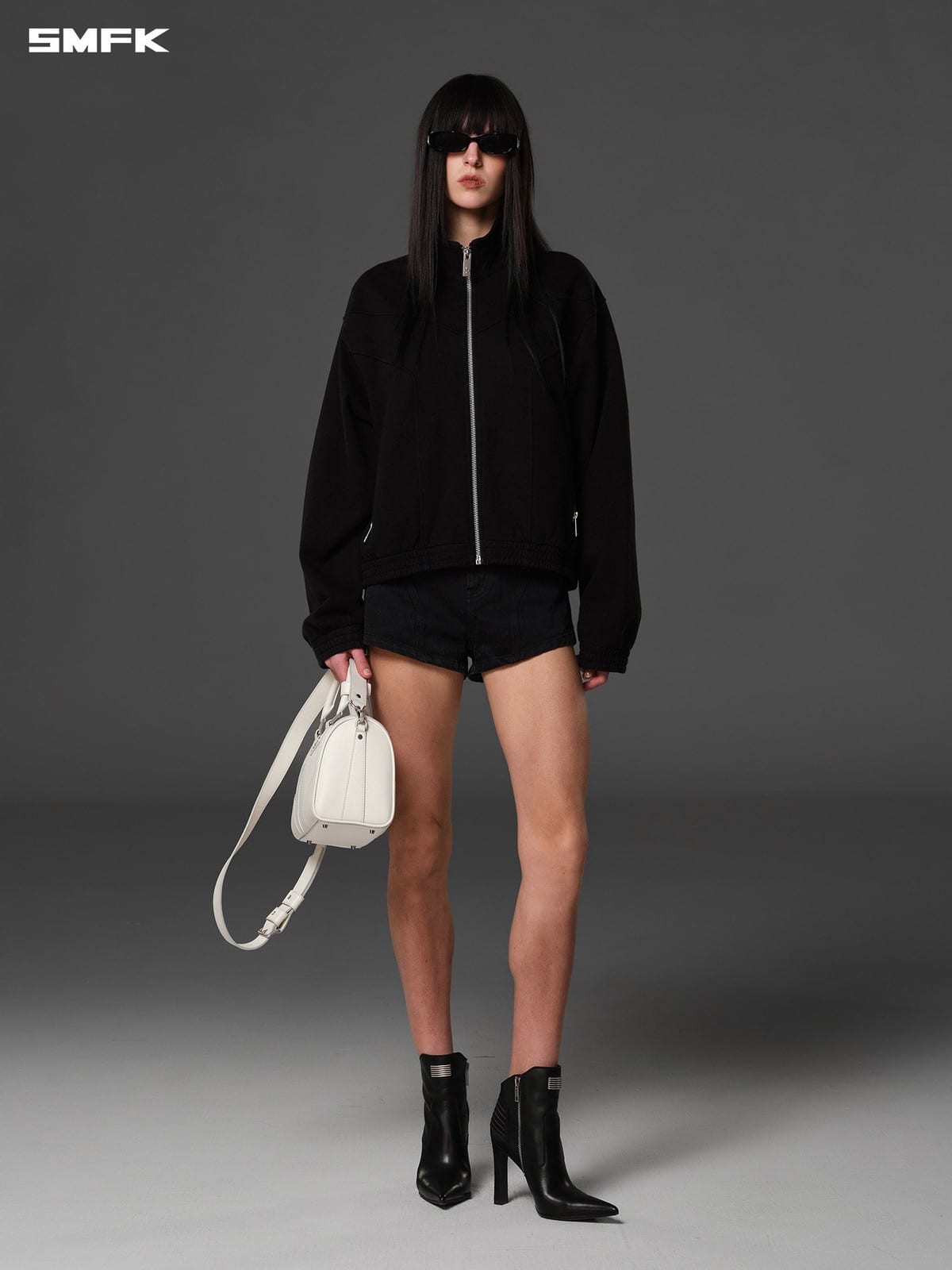 SMFK Seamed Cotton Denim Shorts in Black - On Female Model