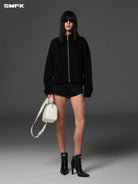 SMFK Seamed Cotton Denim Shorts in Black - On Female Model