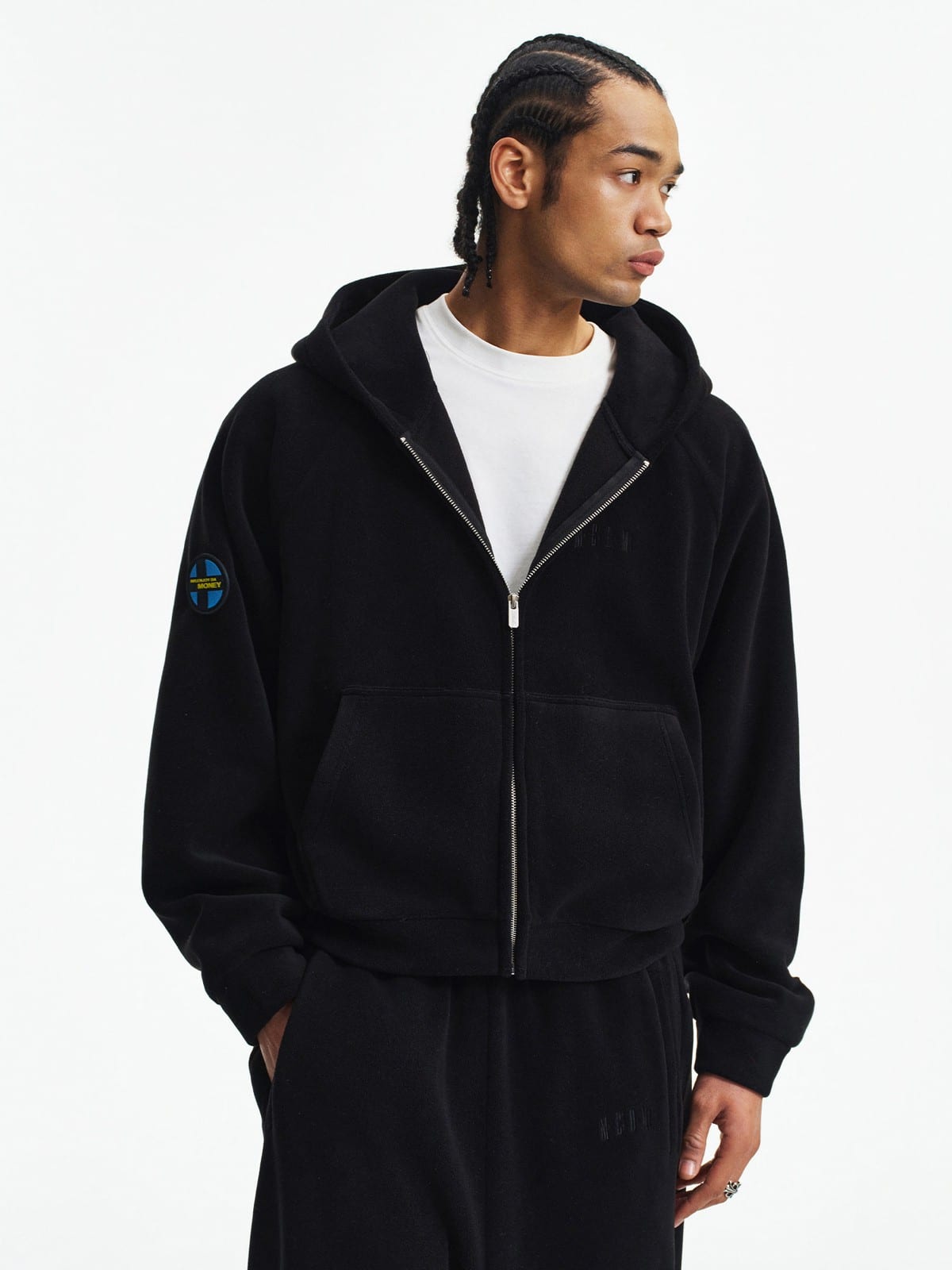 MEDM Polar Fleece Zip Hoodie Jogger Set in Black - On Male Model