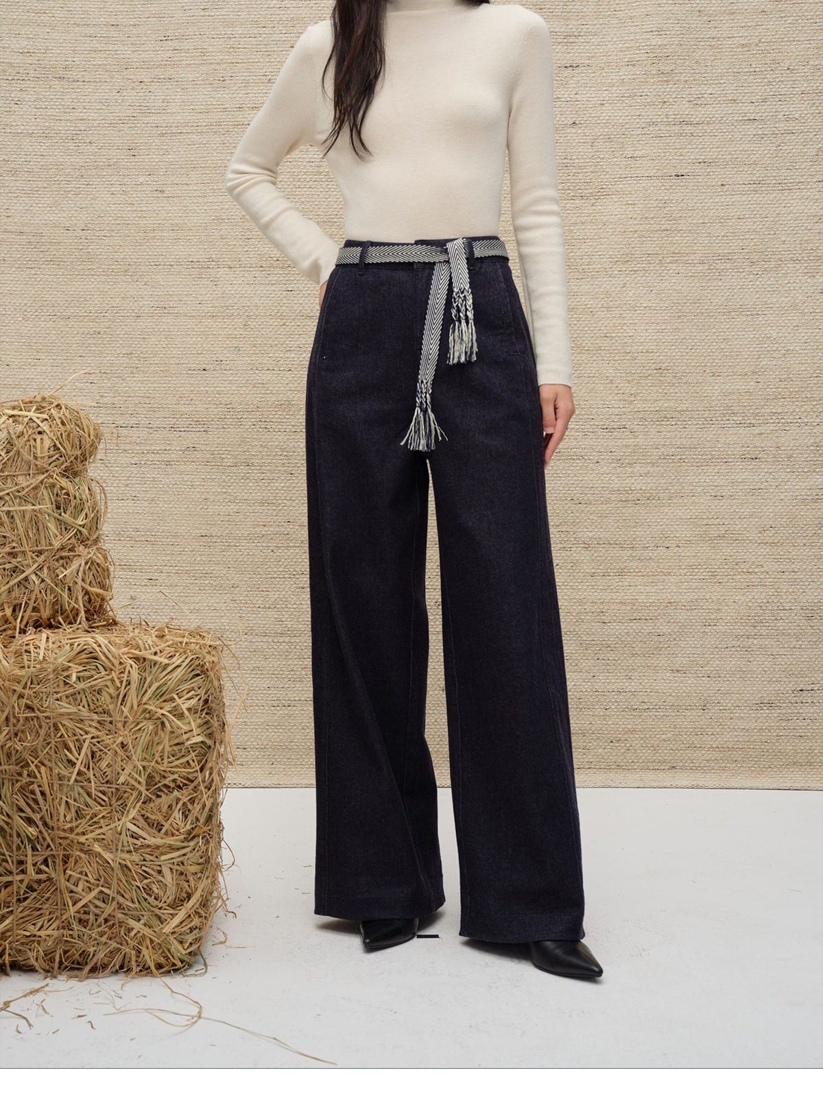 TEASEL Wide Leg Raw Denim Jeans with Braided Belt in Blue - On Female Model