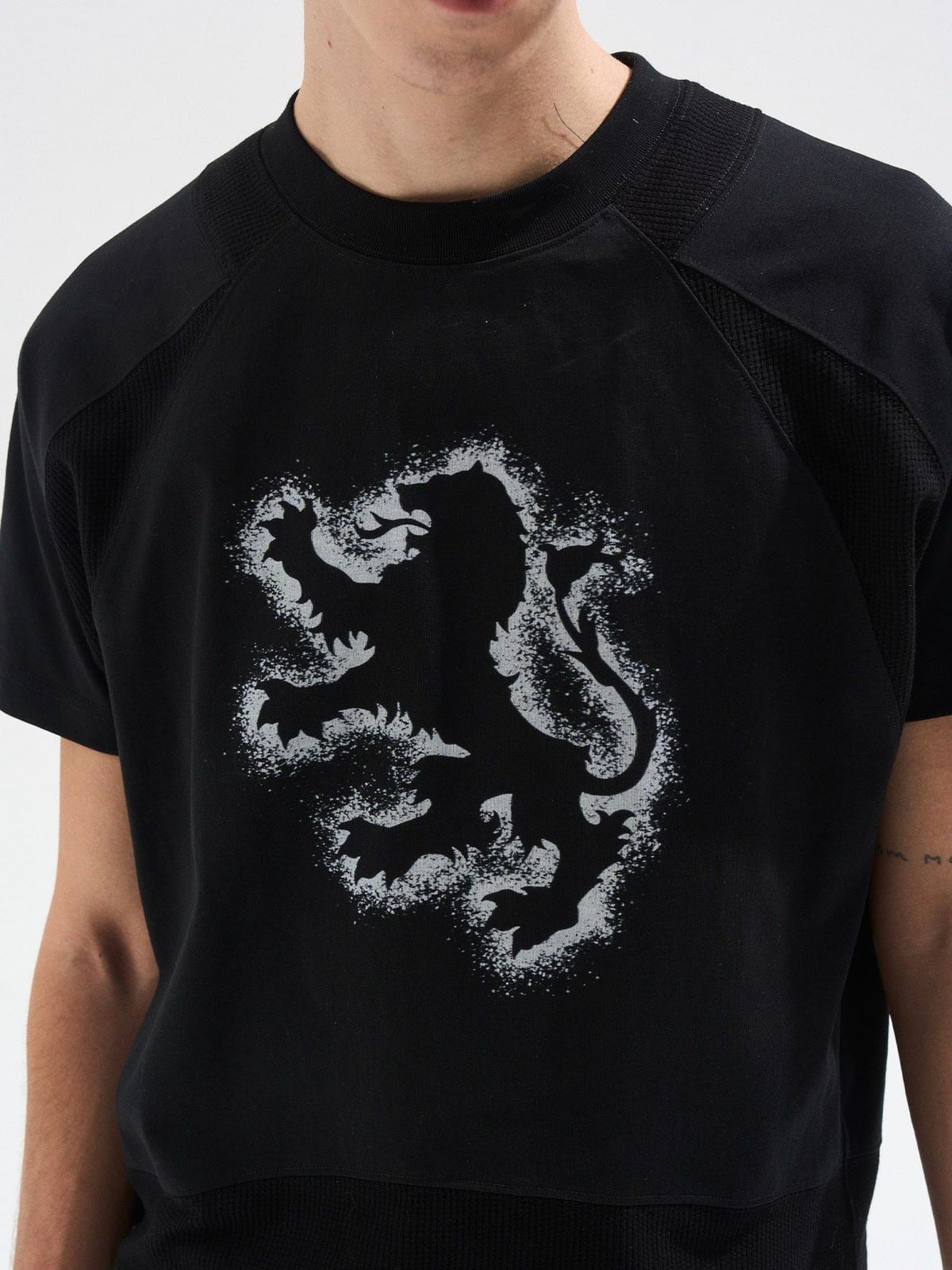 BLINDNOPLAN Sorona Panelled Graphic T Shirt in Black - On Male Model