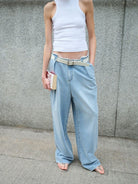 RARELY ALIKE Irregular Waist Wide Leg Jeans in Sky Blue - On Female Model