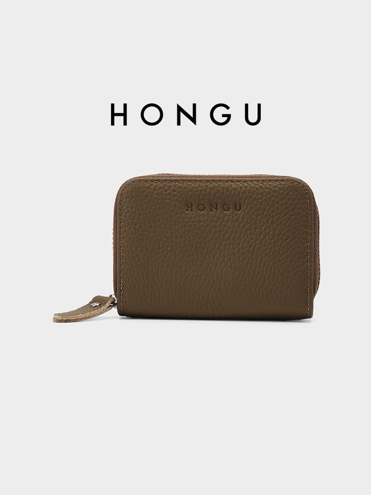 HONGU Pebbled Leather Zip Wallet in Beige