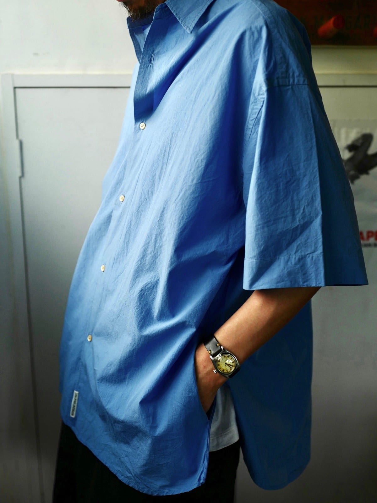 USAGE Cotton Crinkle Short Sleeve Shirt in Blue - On Male Model