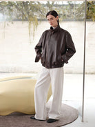 MSBEAST Suede Paneled Sheepskin Jacket in Brown - On Female Model