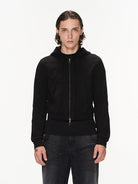 BLINDNOPLAN Cropped Zip Up Hoodie with Structured Trim in Black - On Male Model