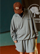 USAGE Oversized Textured Long Sleeve Polo in Gray - On Male Model