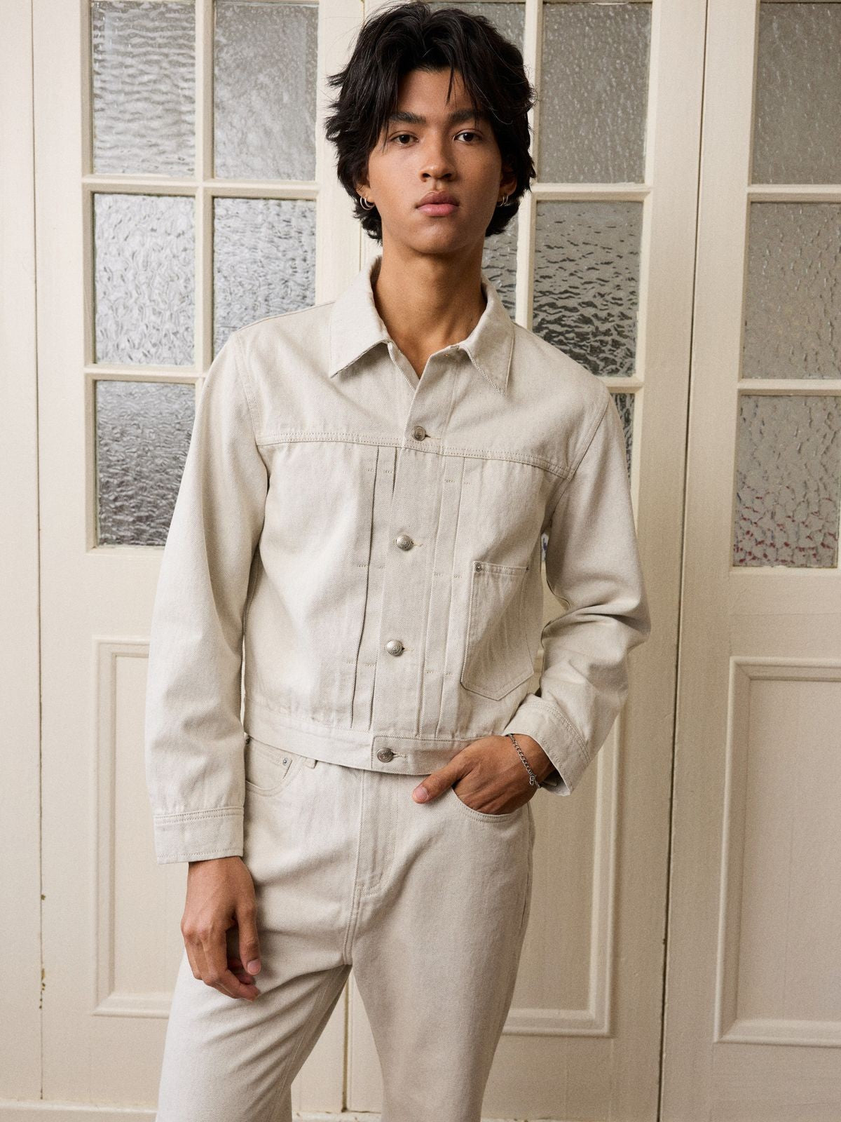 Retro 21 Khaki Type 1 Denim Jacket in Khaki - On Male Model