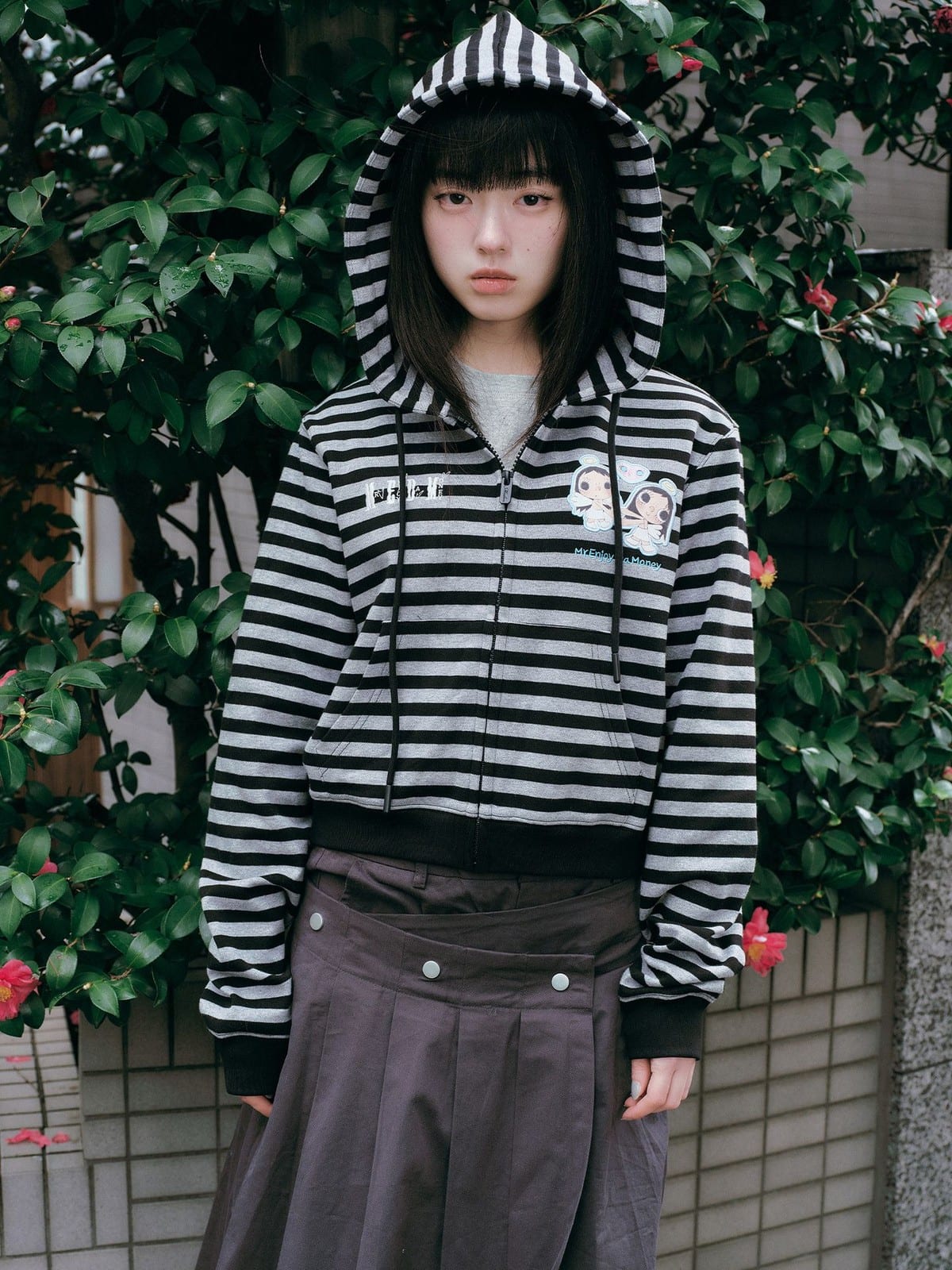 MEDM Cropped Striped Applique Zip Hoodie in Black - On Female Model