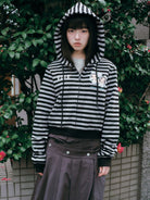 MEDM Cropped Striped Applique Zip Hoodie in Black - On Female Model