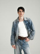 Retro 21 Gradient Distressed Denim Zip Jacket in Blue - On Male Model