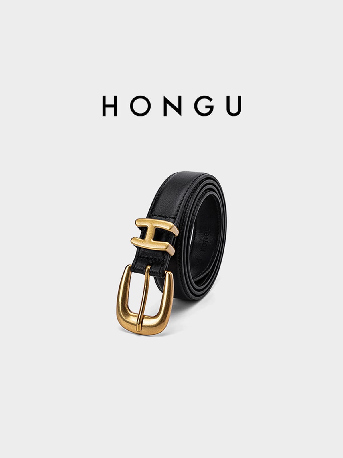 HONGU Slim Leather Pin Buckle Belt in Black