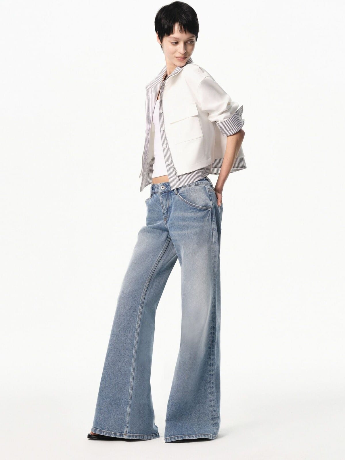RARELY ALIKE Striped Mock Layer Cropped Jacket in White - On Female Model