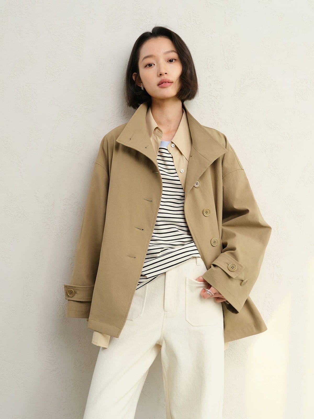 TEASEL Short Stand Collar Trench Coat in Khaki - On Female Model