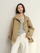 TEASEL Short Stand Collar Trench Coat in Khaki - On Female Model