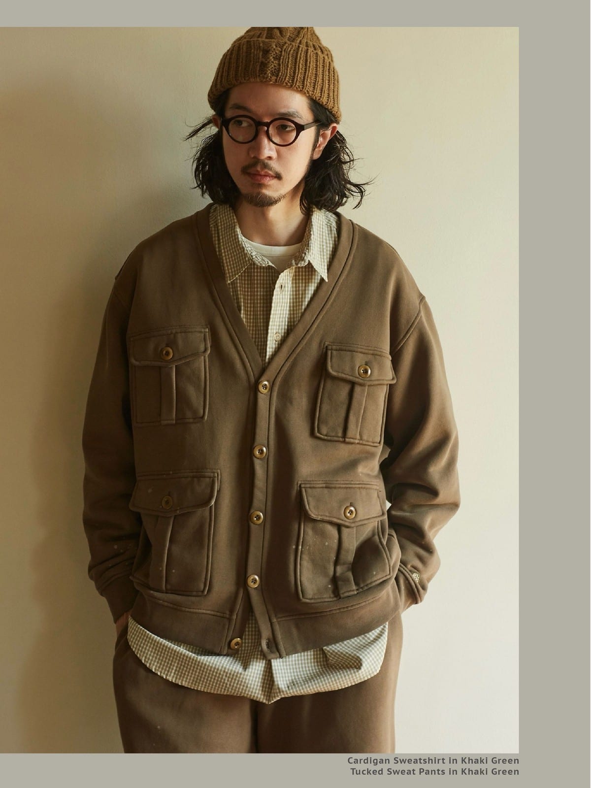 USAGE Cotton Safari Pocket Cardigan Sweatshirt in Beige - On Male Model