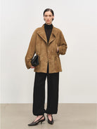 MSBEAST Drawstring Sheep Leather Jacket in Beige - On Female Model