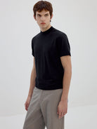 SIMPLE PROJECT Wool Blend Mock Neck T Shirt in Black - On Male Model