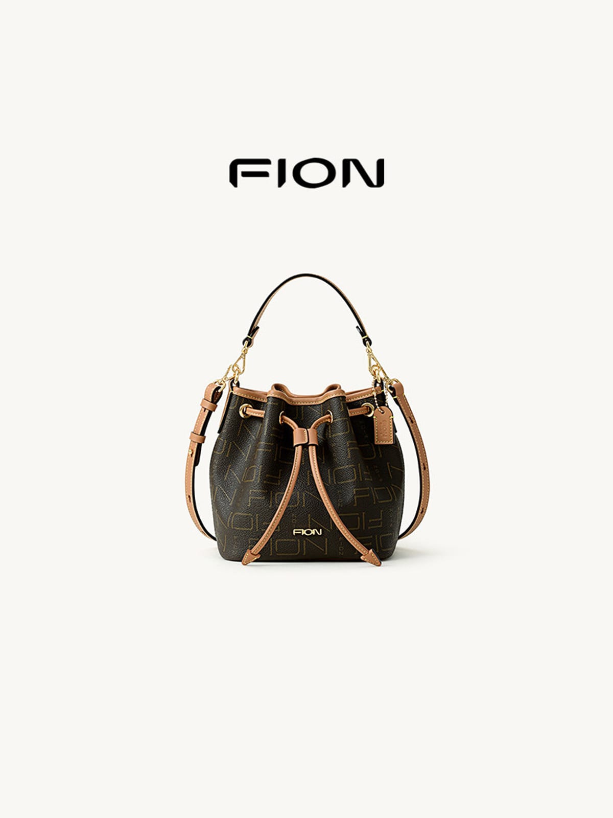 FION Monogram Canvas Drawstring Bucket Bag in Brown