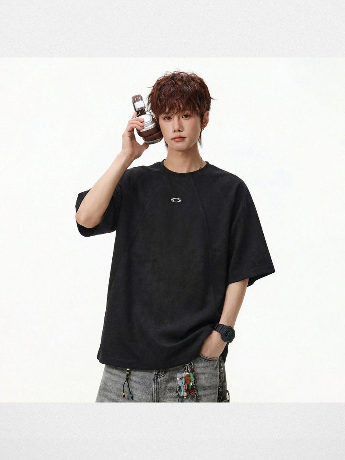 MASONPRINCE Suede Short Sleeve T Shirt in Black - On Male Model